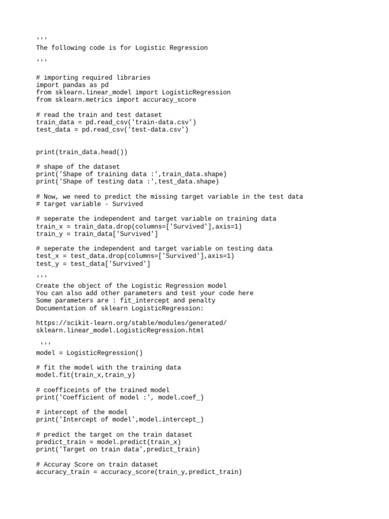 Logistic Regression Code for Classification | PDF