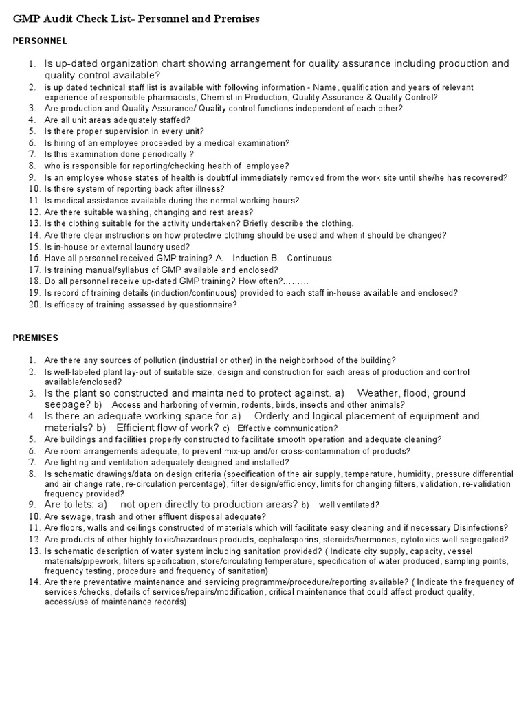 GMP Audit Check List | PDF | Sanitation | Water