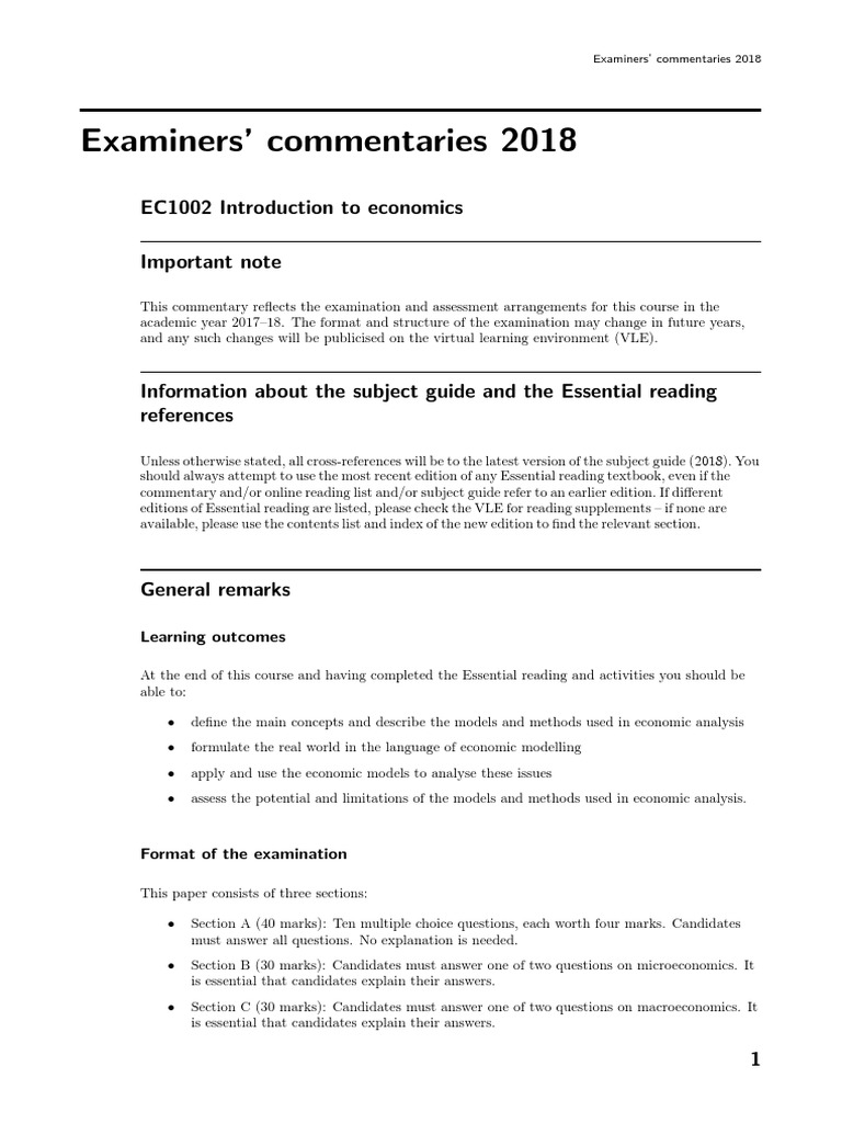 2018 Examiners' Commentary for EC1002 | PDF