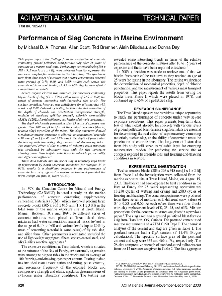 Performance of Slag Concrete in Marine Environment Aci Materials