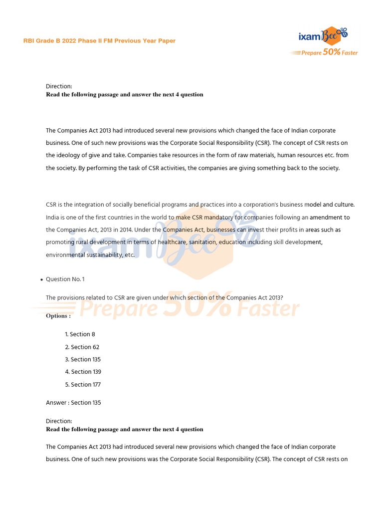 RBI Grade B 2022 Phase II FM Previous Year Paper | PDF | Organizational ...