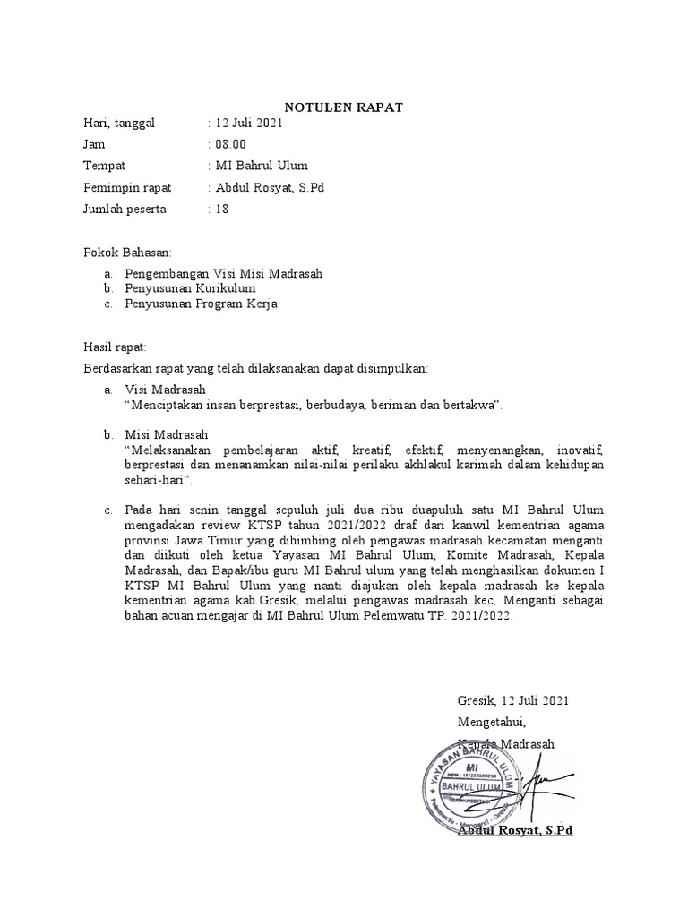 Notulen Rapat Kurikulum Madrasah | PDF