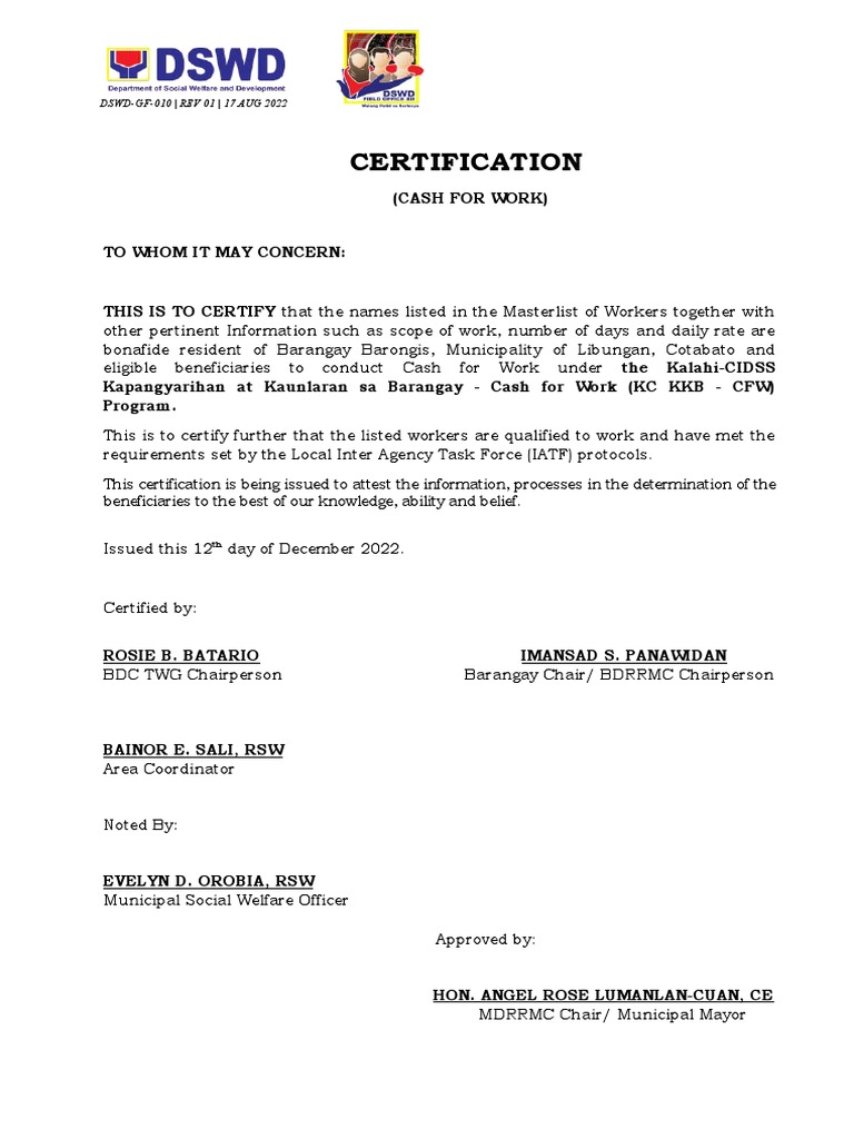Cash for Work Certification - Barangay Barongis | PDF | Social Programs ...