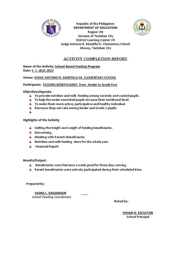 Activity Completion Report: School Feeding Coordinator | PDF | Social ...