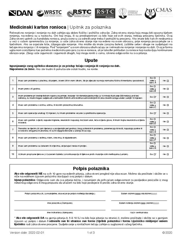 Medicinski Karton Ronioca - Upitnik Za Polaznika: 1 of 3 © 2020 Version ...