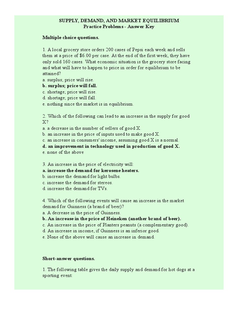Surplus and Shortage Practice Key | PDF | Economic Equilibrium ...