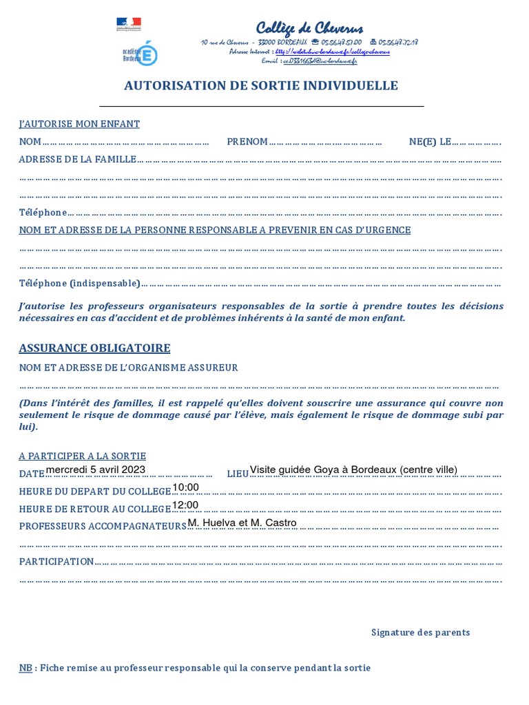 Formulaire - AUTORISATION DE SORTIE INDIVIDUELLE | PDF | Assurance ...