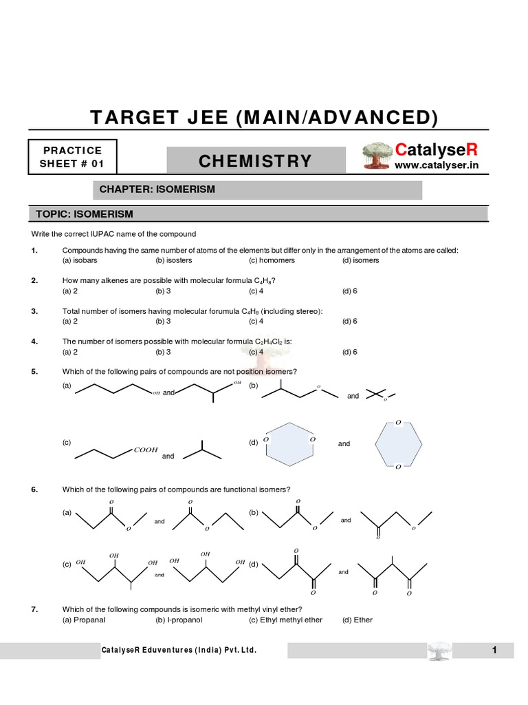 Ct Isomerism Isomerism 03042021 Isomerism Practice Sheet 1 To