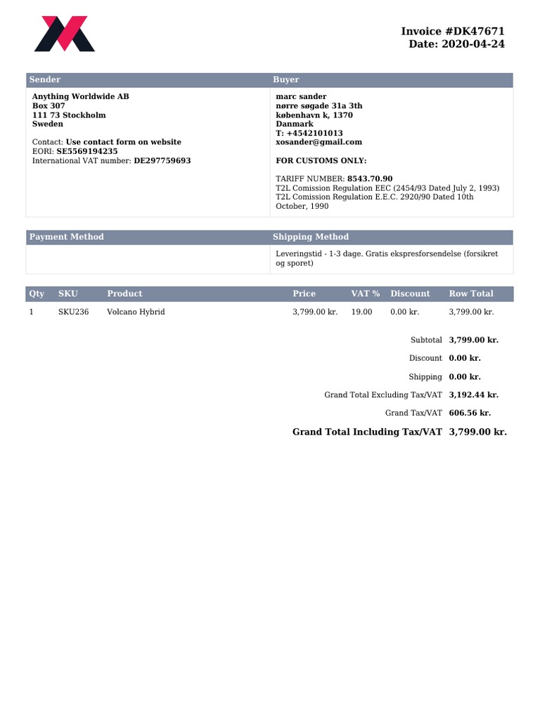 Invoice for Volcano Hybrid Purchase | PDF