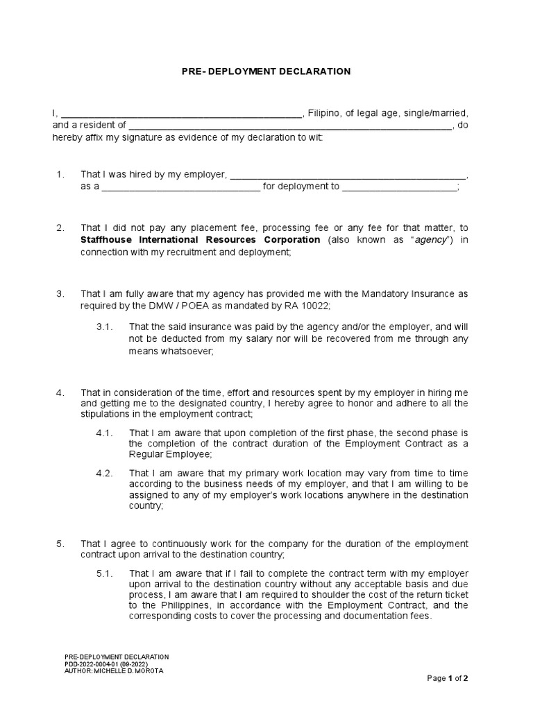 Pre-Deployment Declaration Form | PDF | Employment | Notary Public