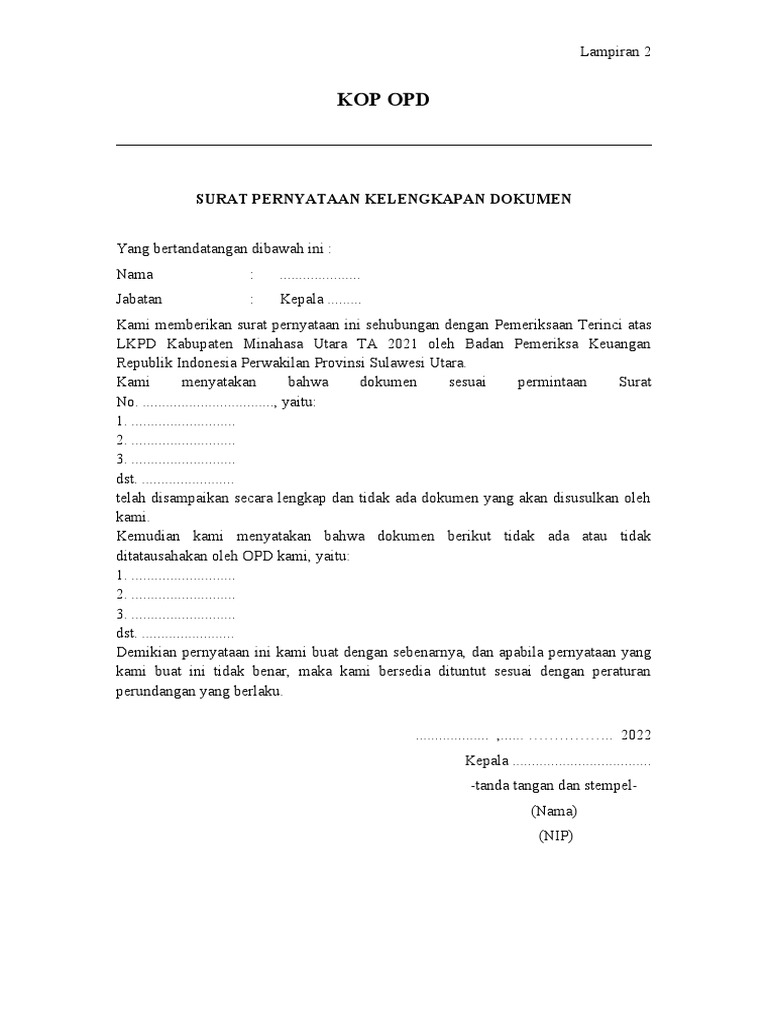 Surat 07 Lamp 02 Pernyataan Kelengkapan Dokumen | PDF