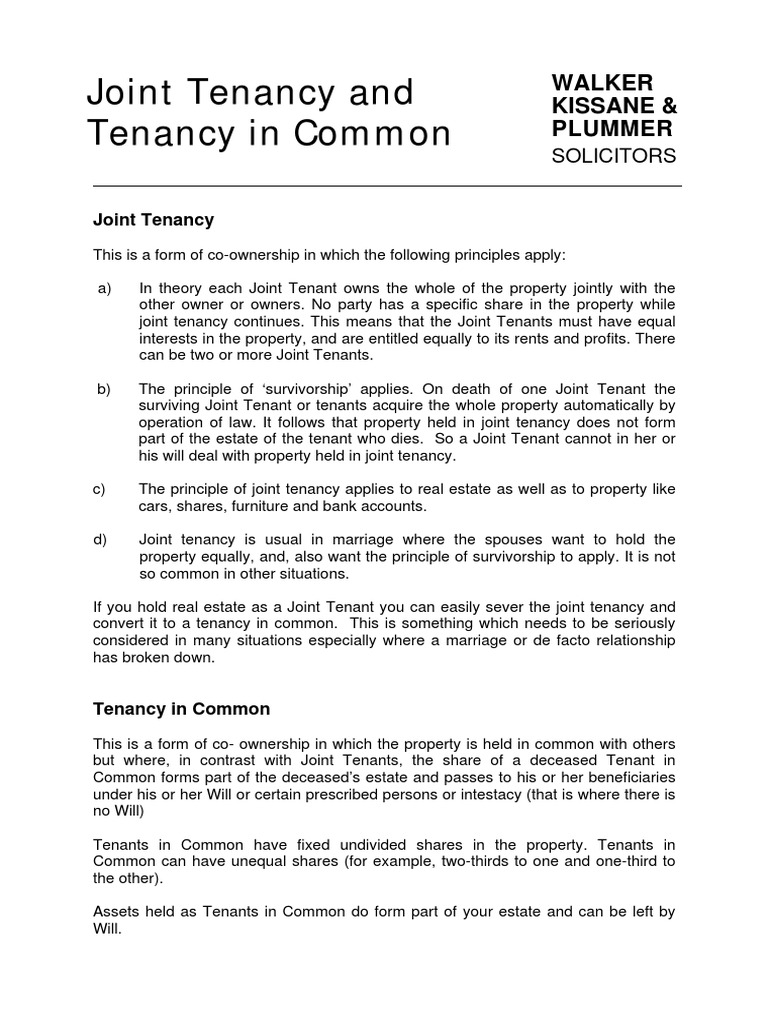 Joint Tenancy Information Sheet 080307 PDF Concurrent Estate