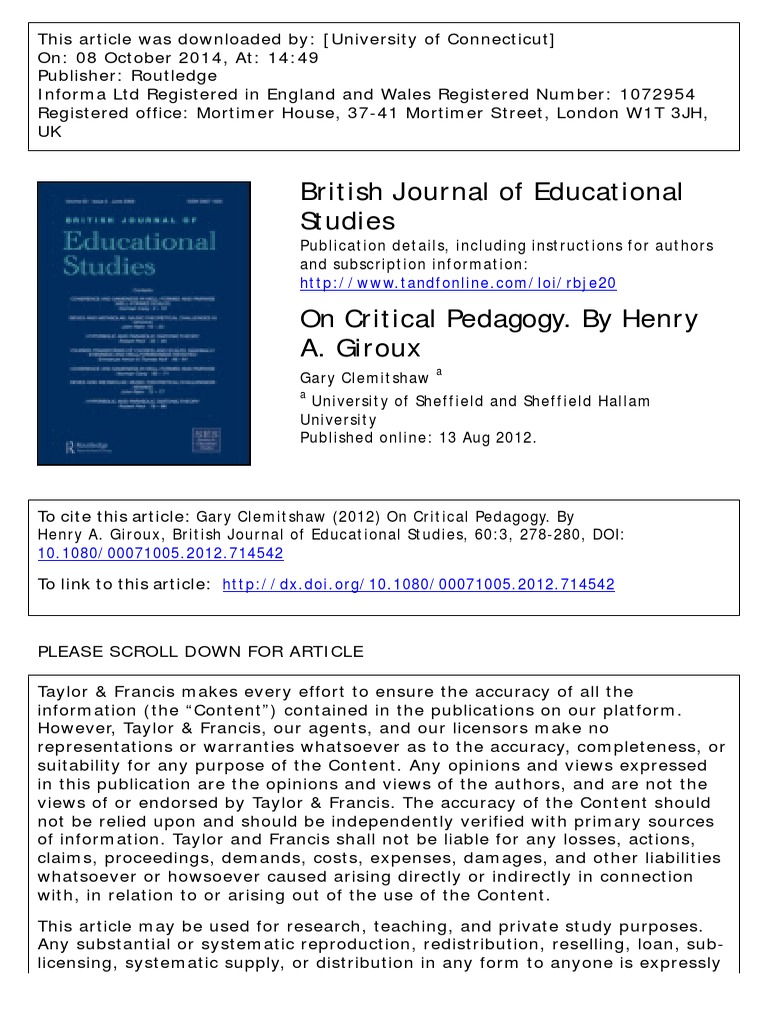 On Critical Pedagogy. by Henry A. Giroux PDF Neoliberalism Teachers