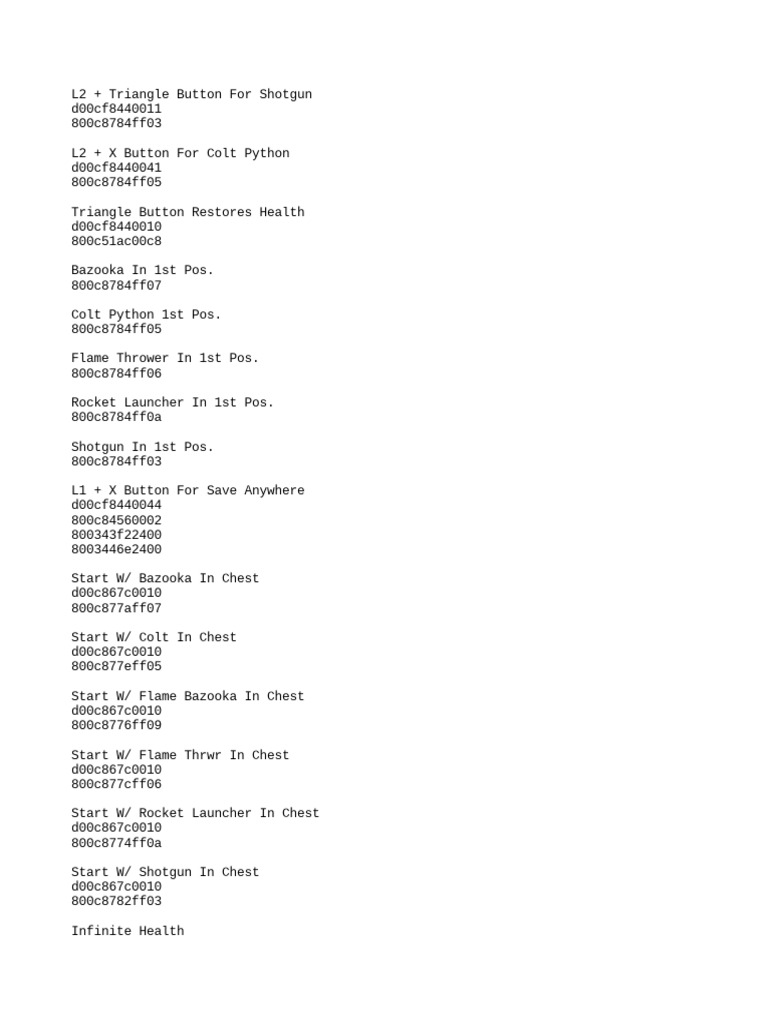 Game Cheat Codes for Weapons Guide | PDF