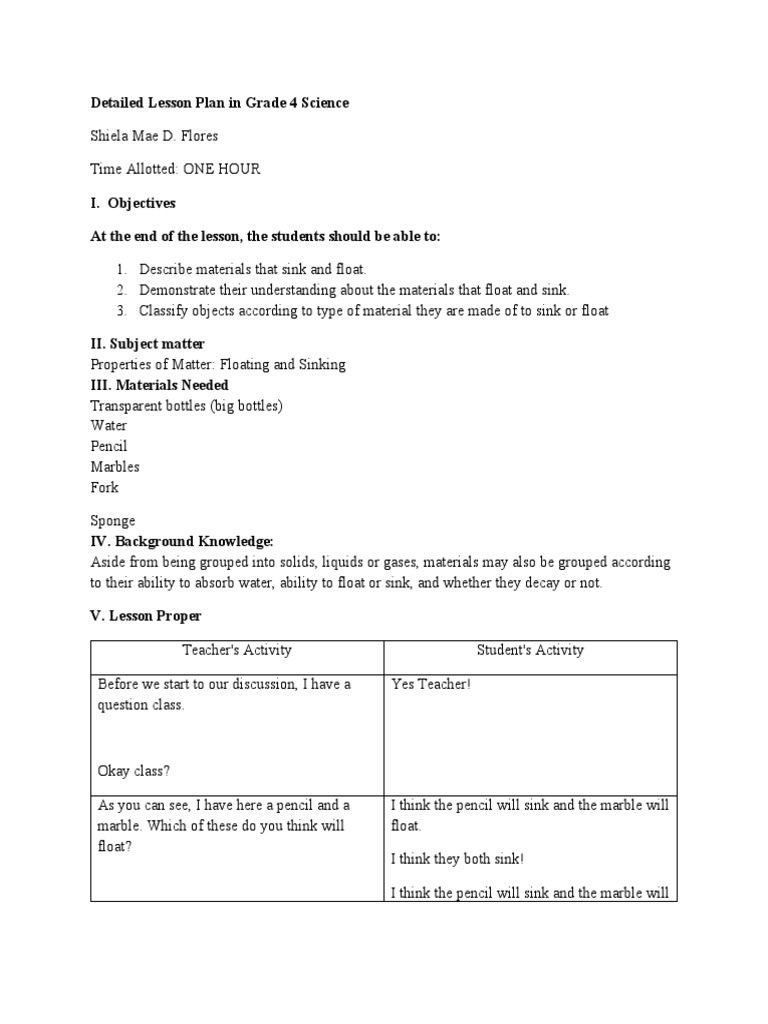 Properties of Matter Floating and Sinking PDF Cognition