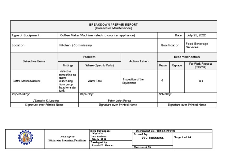 Template - Task Sheet 5.4-2b Prepare Breakdown Repair Report | PDF