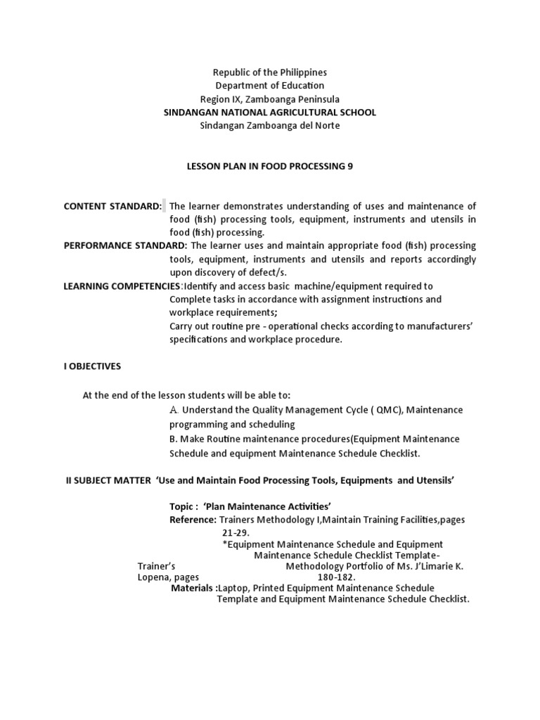 Lesson Plan in Equipment Maintenance Schedule, Plan Maintenance ...