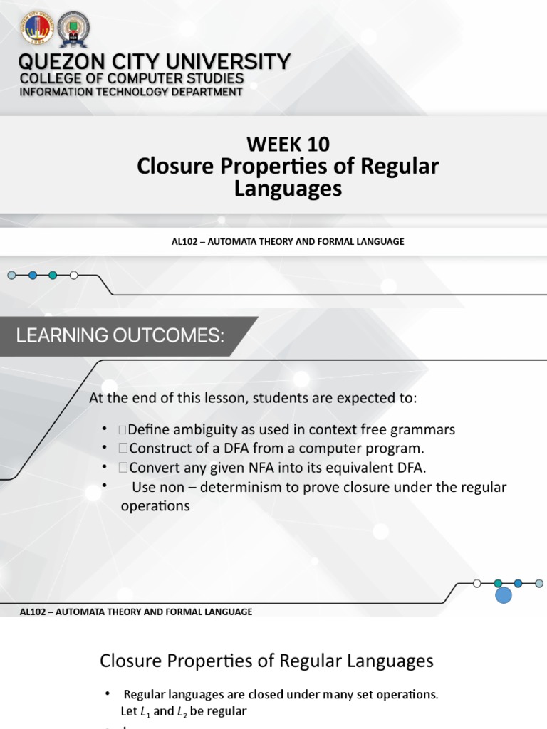 AL102 - WEEK 10 - Closure Properties of Regular Languages 2022 | PDF