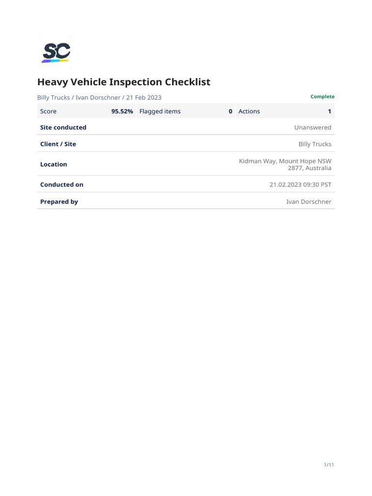 Heavy Vehicle Inspection Checklist Sample PDF Report PDF Tire