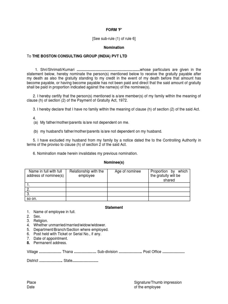 Gratuity Beneficiary Nomination Form F | PDF | Private Law | Justice