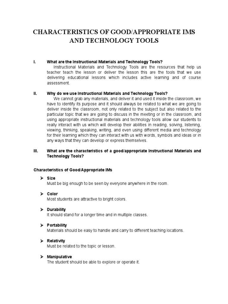 CHARACTERISTICS OF GOOD IMs and TECHNOLOGY TOOLS | PDF | Mathematics ...