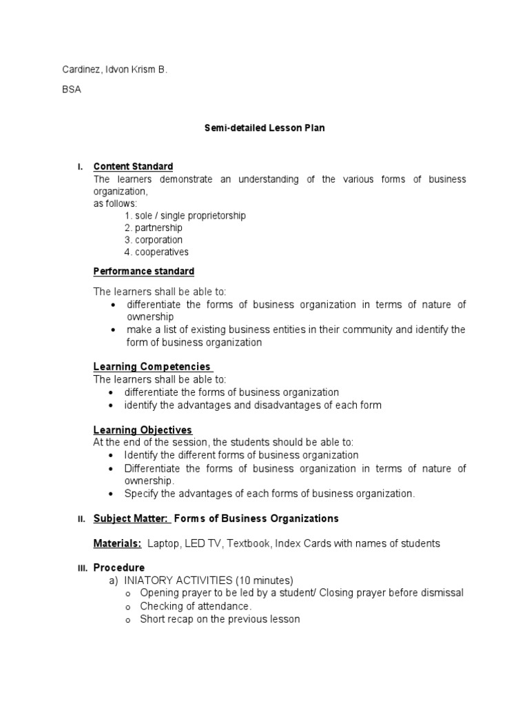 Lesson Plan: Business Organizations | PDF | Learning | Cognitive Science