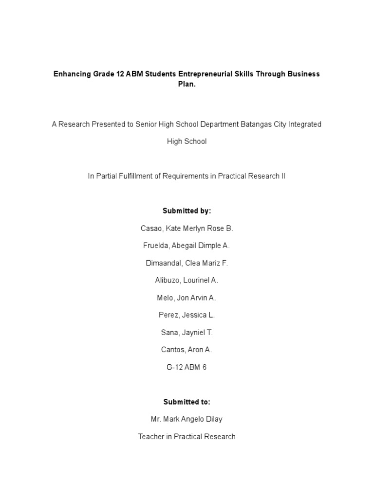 Ehancing Grade 12 ABM Students Entrepreneurial Skills | PDF ...