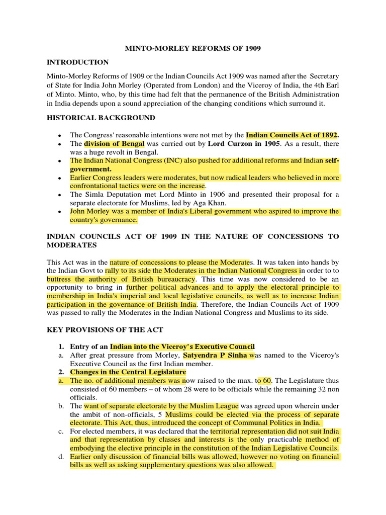 Minto Morley Reforms Of 1909 Pdf British India Government