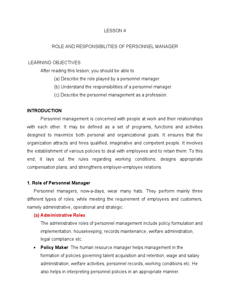 Personnel Manager Roles and Duties | PDF | Human Resources | Human ...