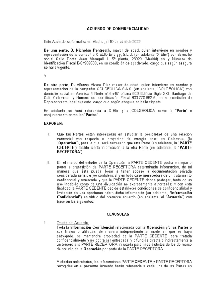MODELO NDA RECÍPROCO (ESPAÑOL) - Colombia | PDF | Privacidad de la ...
