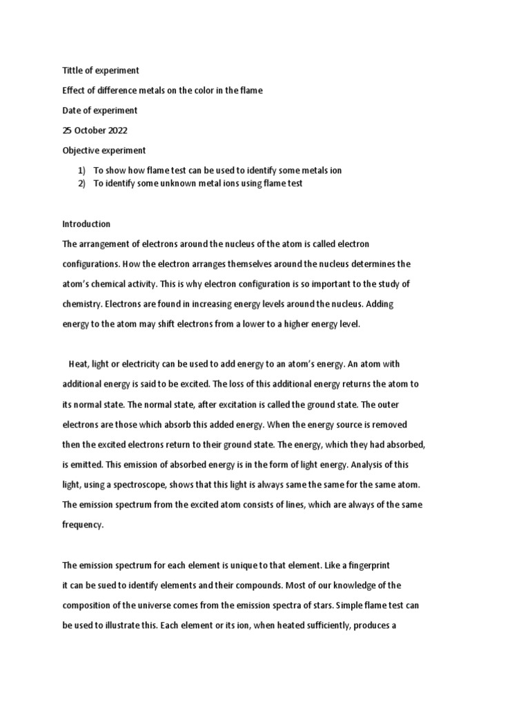 Lab Report Flame Test PDF Emission Spectrum Atoms