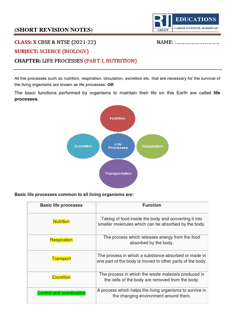 Life Processes In Biology Nutrition Overview Pdf Stomach