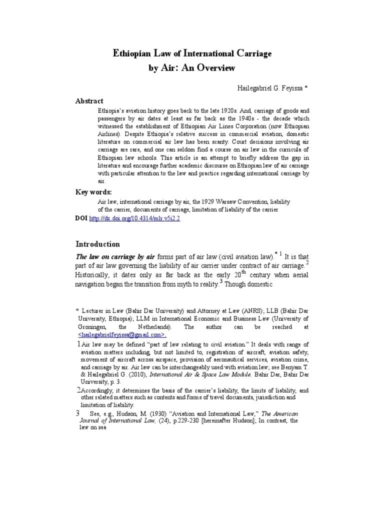 Ethiopian Law of International Carriag PDF Ethiopia Justice