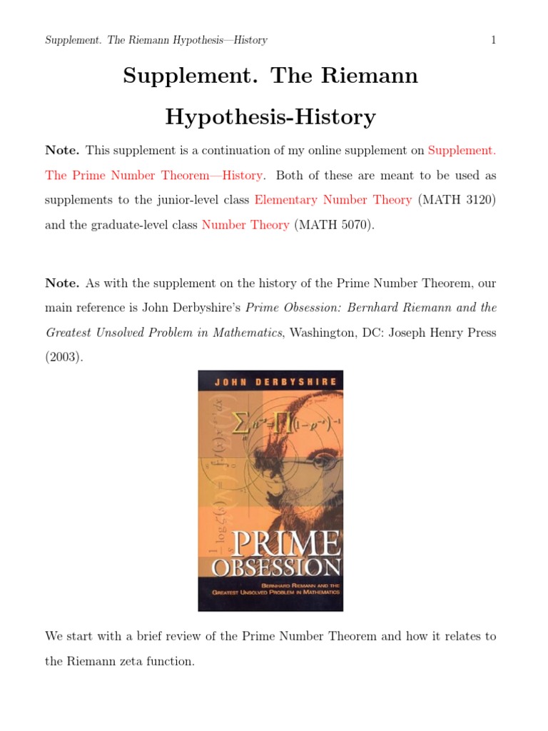 Dudley Supplement Riemann Hypothesis History | PDF | Mathematical ...