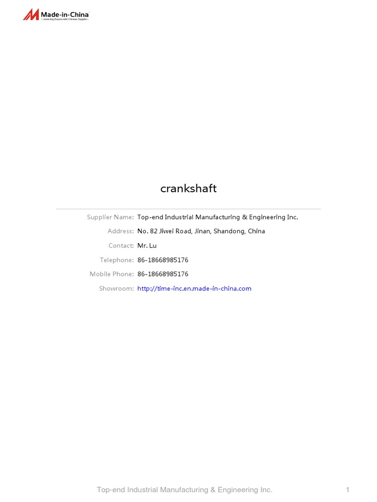 Catalog of Crankshafts from Topend Industrial Manufacturing