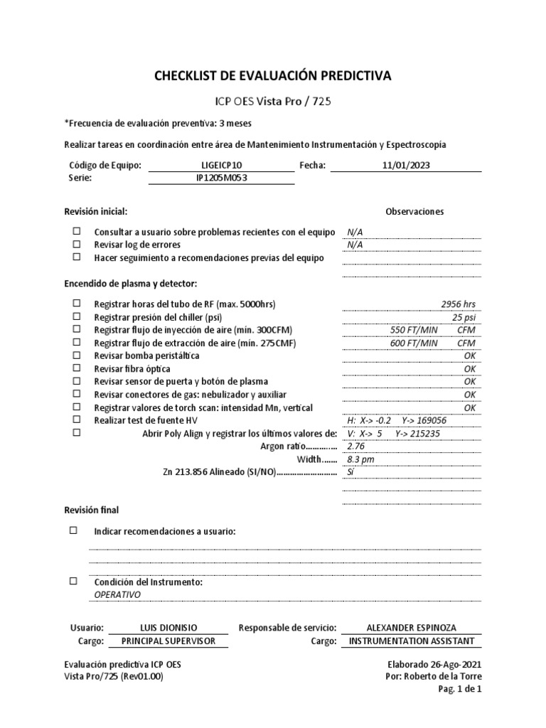 Checklist de Evaluación Predictiva ICP OES | PDF | Gases | Química Física