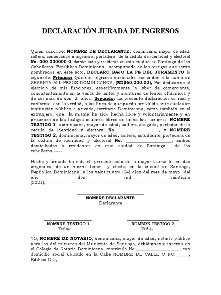 Modelo de Declaración Jurada de Ingresos | PDF | República Dominicana ...