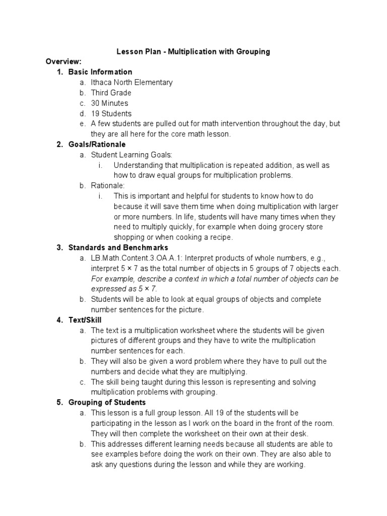 Student Teaching Lesson Plan Multiplication Grouping Grade 3 | PDF ...