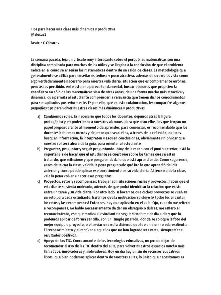 Tips Para Hacer Una Clase Más Dinámica Y Productiva Pdf Enseñando