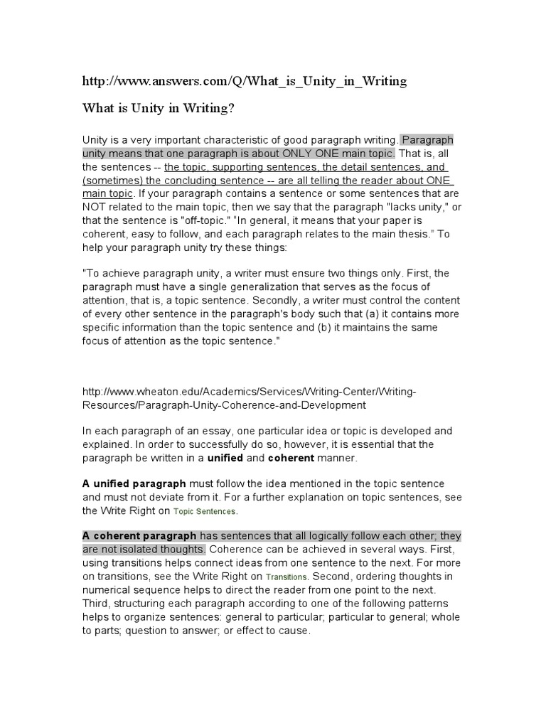 What is unity in writing a unified paragraph must follow the idea