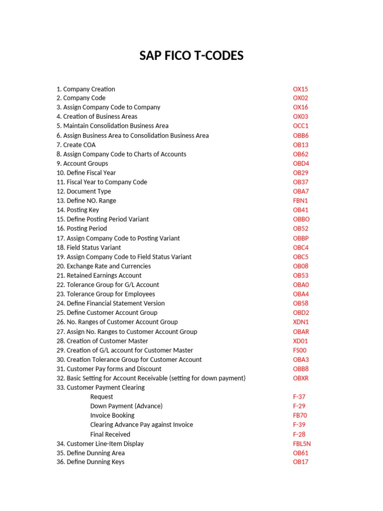 Sap fico t codes pdf