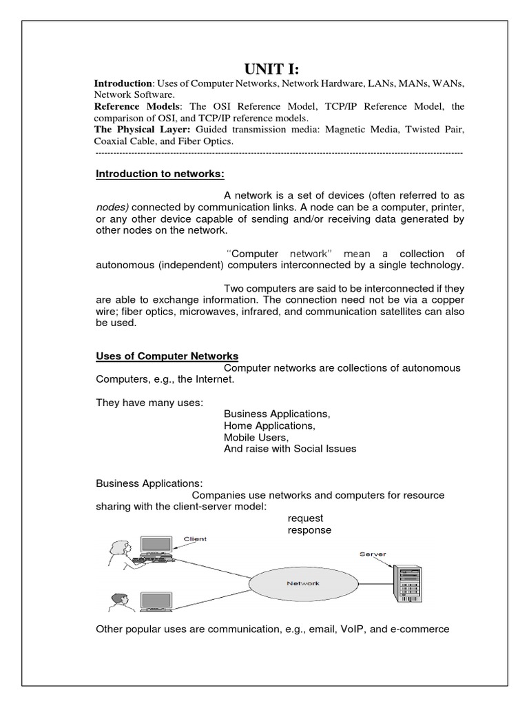 Unit I Nodes) Connected by Communication Links. A Node Can Be A Computer, Printer PDF Osi