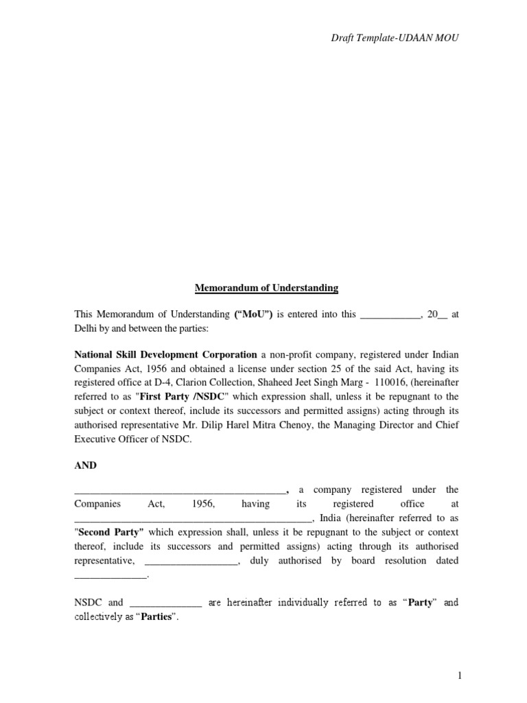 Udaan Draft MOU Template PDF