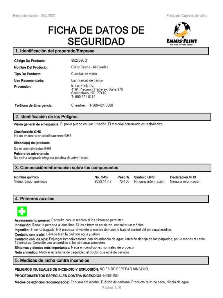 Ennis Flint Glass Beads SDS PDF Agua Lentes