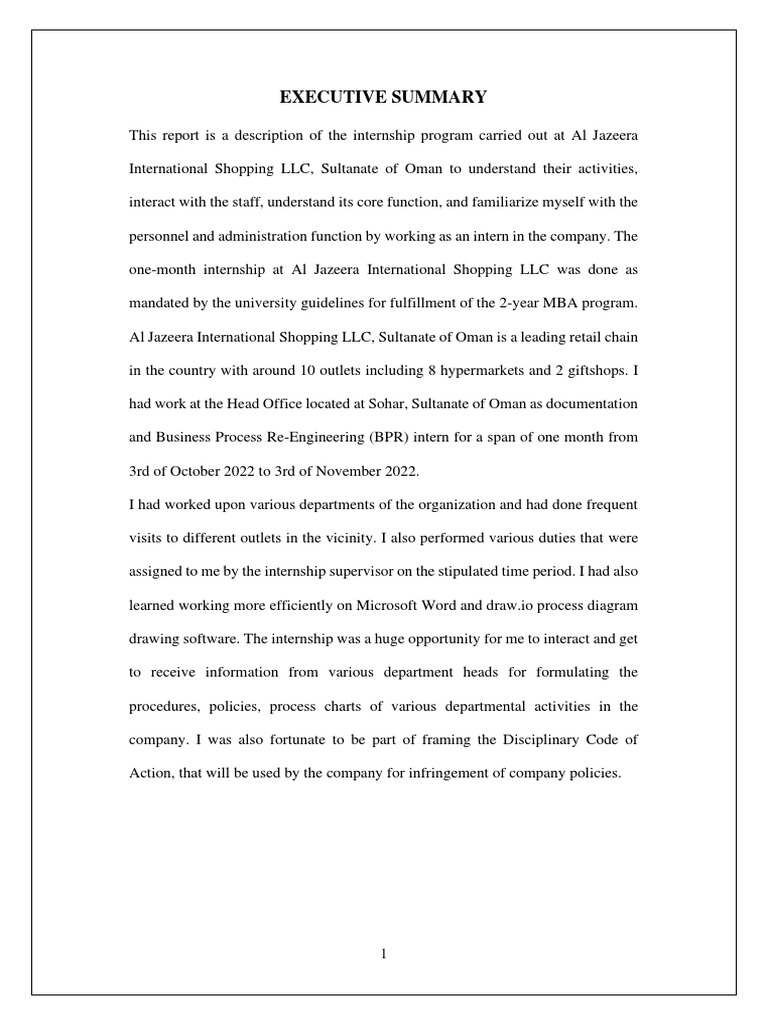 Executive Summary | PDF | Retail | Internship