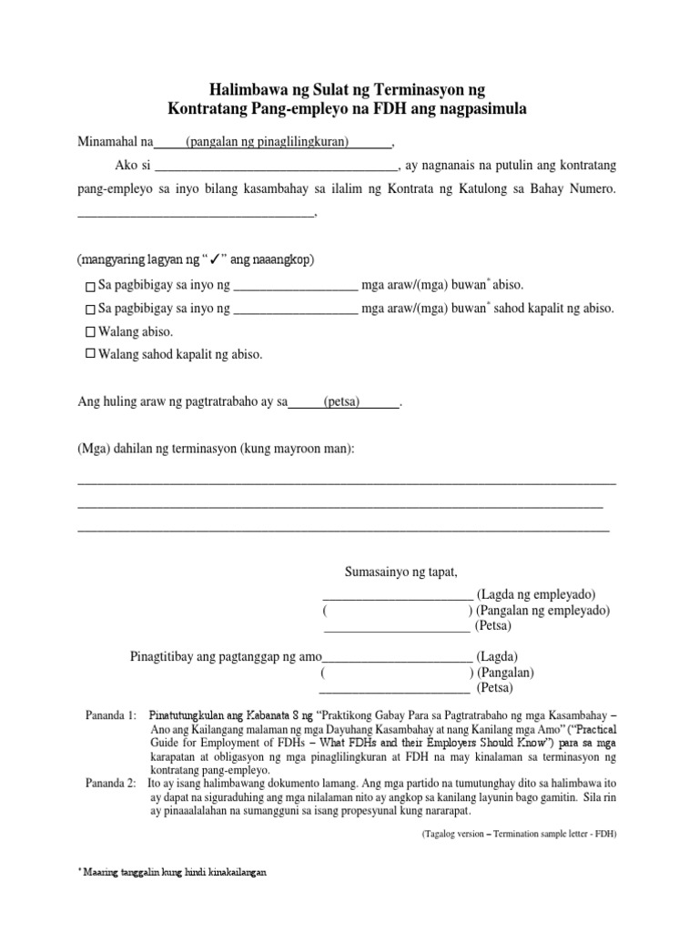 Sample Letter of Termination of Employment Contract Initiated by FDH ...