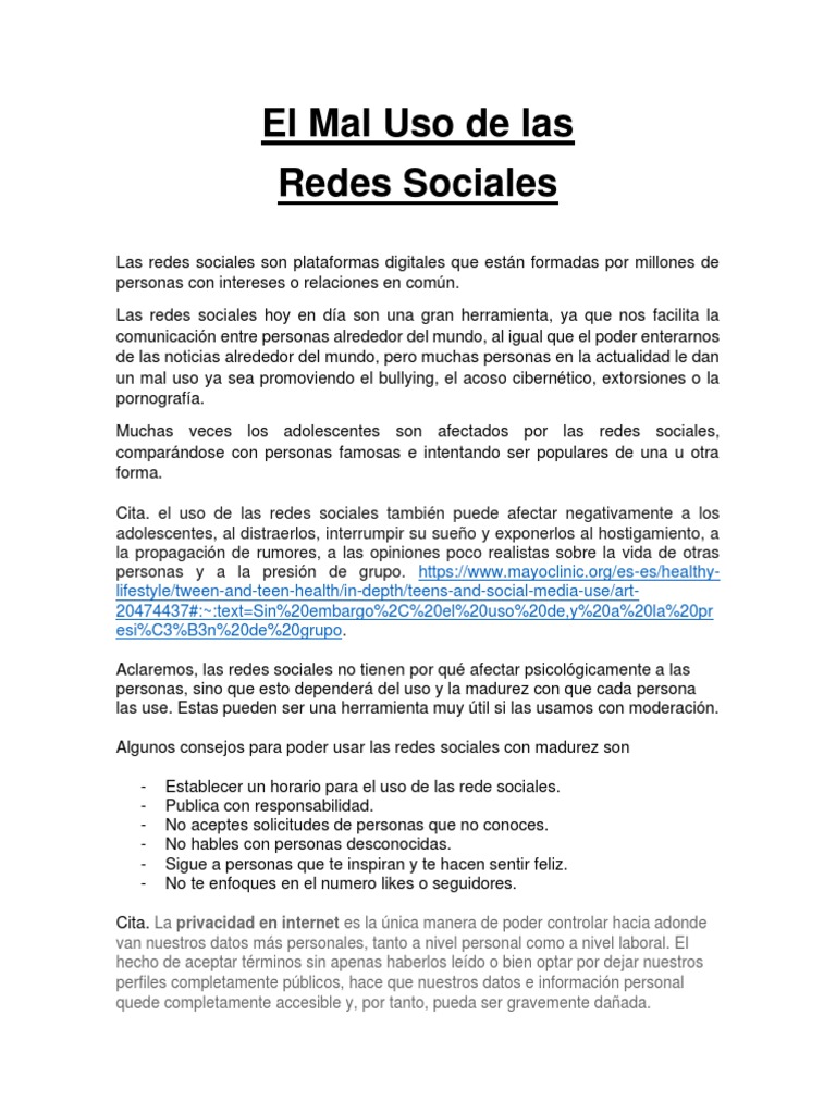 Mal Uso y Peligros de Redes Sociales | PDF