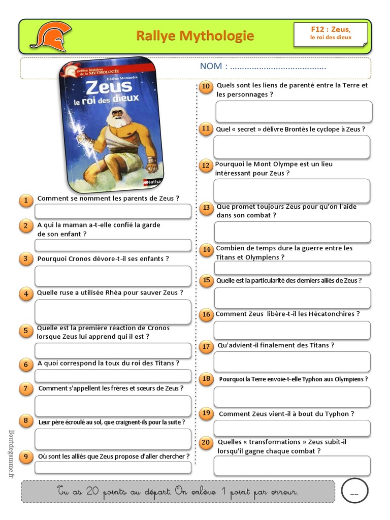 Zeus Le Roi Des Dieux Pdf Gratuit Rallye Mythologie: Tu As 20 Points Au Départ. On Enlève 1 Point Par Erreur.  | PDF | Zeus | Enfers grecs