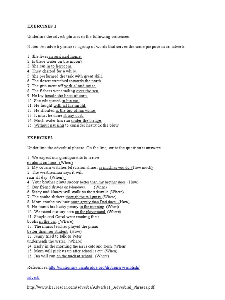 Adverb and adverbial phrases exercises pdf