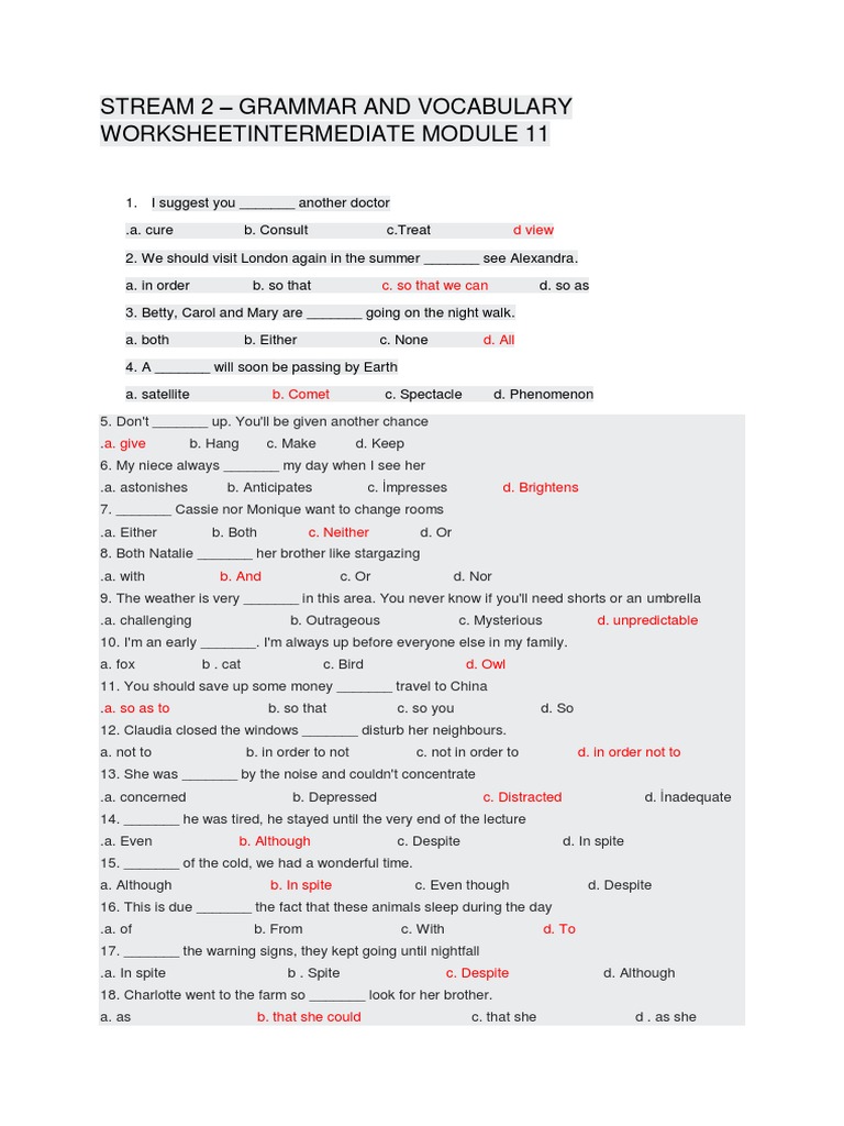 Stream 2 - Grammar and Vocabulary Worksheetintermediate Module 11 | PDF